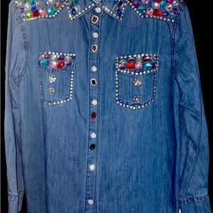 Crystal Hand Embellished Denim Button Down Shirt by Meghan Fabulous… NWT